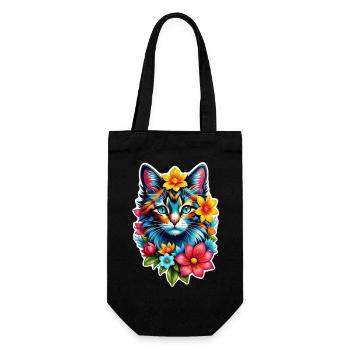 Katze und Blume Aquarell - Geschenkbeutel für Flaschen - Schwarz - Vorne