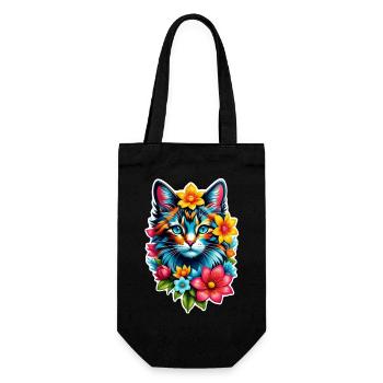 Katze und Blume Aquarell - Geschenkbeutel für Flaschen - Schwarz - Vorne