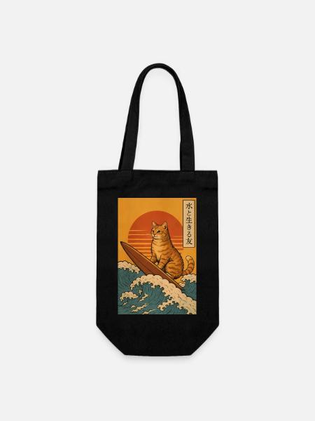 Lustig Katze Surfen Surfboard Japanisch Anime - Geschenkbeutel für Flaschen - Schwarz