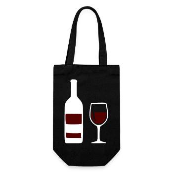 Weinflasche und Weinglas Wein Geschenk Genießer - Geschenkbeutel für Flaschen - Schwarz - Vorne