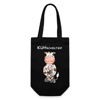 Kuh mit Kuscheltier I KUHscheltier Wortspiel - Geschenkbeutel für Flaschen - Schwarz - Vorne