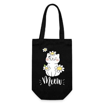 Chat mignon kawaii drôle avec des tournesols disant miaulement - Sac à bouteille - noir - Devant