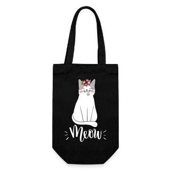 Niedliche Kawaii lustige Katze mit Blumen, die Miauen sagen - Geschenkbeutel für Flaschen - Schwarz - Vorne