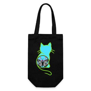Vintage Retro Frühling Katze Schmetterling 80er - Geschenkbeutel für Flaschen - Schwarz - Vorne