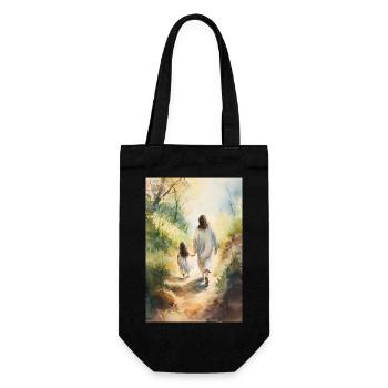 Jesus Wandeln Mit Einem Mädchen, Aquarellmalerei, - Geschenkbeutel für Flaschen - Schwarz - Vorne
