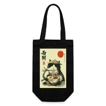 Samurai-Katze genießt Ramen - Geschenkbeutel für Flaschen - Schwarz - Vorne