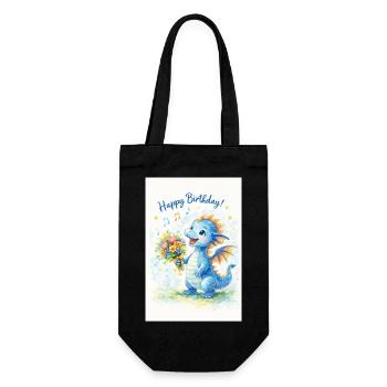 Blauer Drache mit Blumenstrauß - Geschenkbeutel für Flaschen - Schwarz - Vorne