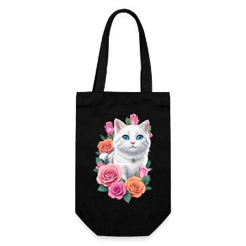 Katze mit Rosen - Geschenkbeutel für Flaschen - Schwarz - Vorne