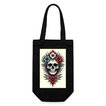 Blumen-Skull Tattoo Stil - Geschenkbeutel für Flaschen - Schwarz - Vorne