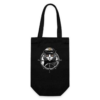 Cat Captain at the Steering Wheel - Maritime Animal Design - Gift Bag for Bottles - black - Front