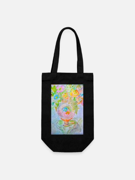 Runde Vase mit verschiedenen Blumen - Geschenkbeutel für Flaschen - Schwarz