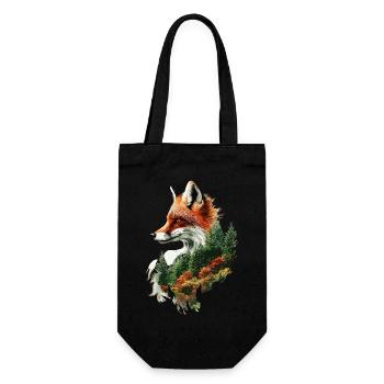 Mystischer Fuchs mit Wald – Naturkunst Design - Geschenkbeutel für Flaschen - Schwarz - Vorne