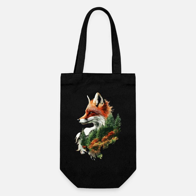 Mystical Fox with Forest – Nature Art Design - Gift Bag for Bottles - black