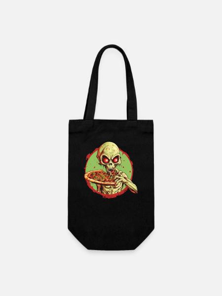 Grüner Alien mit Pizza: Halloween Fast-Food-Spaß - Geschenkbeutel für Flaschen - Schwarz