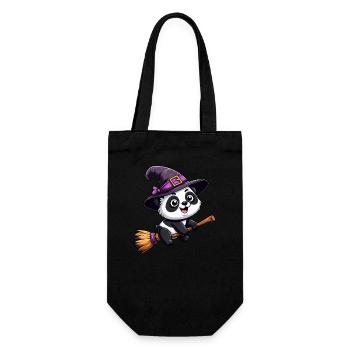 Halloween Panda Hexe mit Hexenbesen Comic Süß - Geschenkbeutel für Flaschen - Schwarz - Vorne