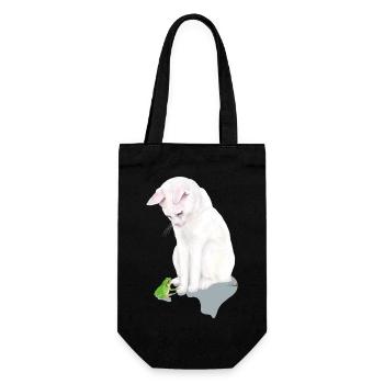 Weiße Katze mit grünem Frosch - Geschenkbeutel für Flaschen - Schwarz - Vorne