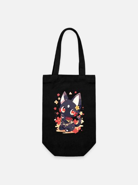 Mignon chat d’anime avec des poissons - Sac à bouteille - noir