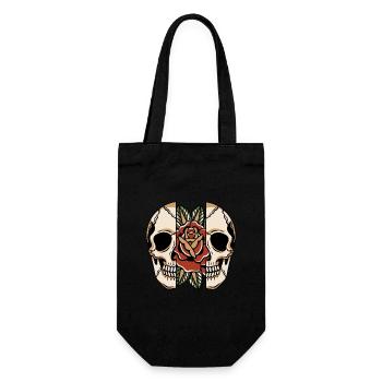 Tattoo Stil gespaltener Totenkopf mit Rose - Geschenkbeutel für Flaschen - Schwarz - Vorne