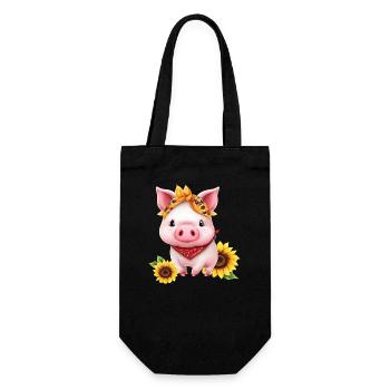 Schwein mit Bandana und Sonnenblume, Charmantes - Geschenkbeutel für Flaschen - Schwarz - Vorne