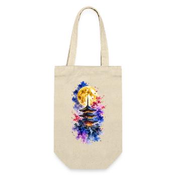 Japan Pagode Vollmond Sakura Aquarell - Geschenkbeutel für Flaschen - Natur - Vorne