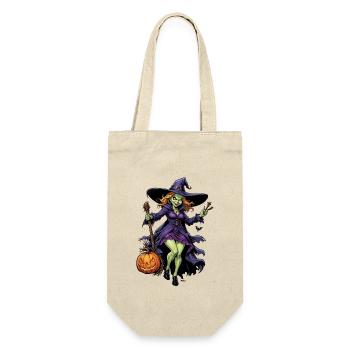 Halloween - Hexe mit Besen Grusel mit Kürbis - Geschenkbeutel für Flaschen - Natur - Vorne