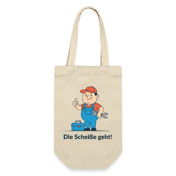 Reparaturheld im Blaumann. Endlich funktioniert es - Geschenkbeutel für Flaschen - Natur - Vorne