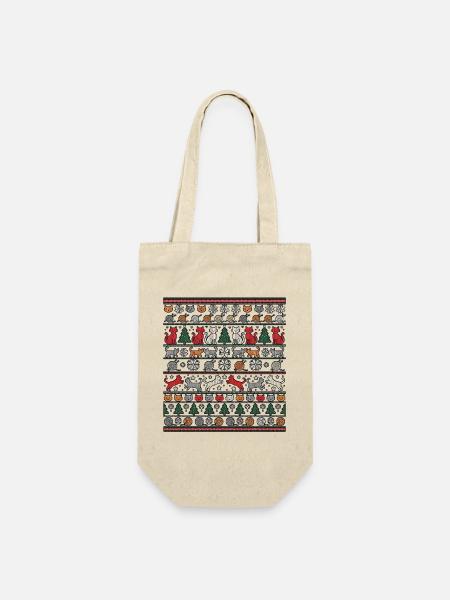 Weihnachts Katzen Strickdesign - Geschenkbeutel für Flaschen - Natur