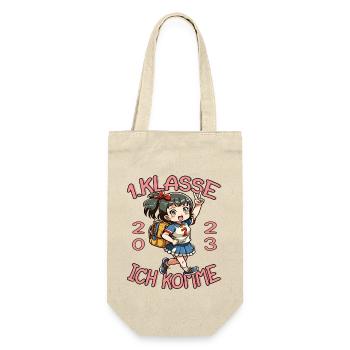 1. Klasse Ich komme Schule 2023 Mädchen - Geschenkbeutel für Flaschen - Natur - Vorne