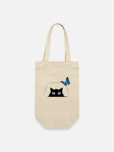 Niedliche Katze und blauer Schmetterling Cute Cat - Geschenkbeutel für Flaschen - Natur