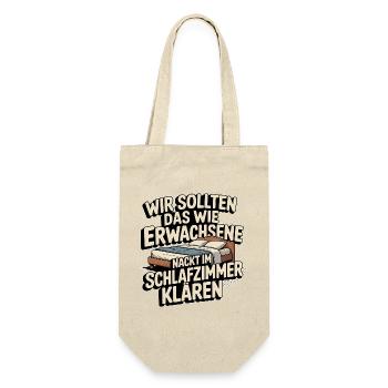 Erwachsene Humor Spruch – Im Schlafzimmer klären - Geschenkbeutel für Flaschen - Natur - Vorne