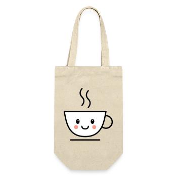 Kaffee, Tee oder Kakao Tasse mit kawaii Gesicht - Geschenkbeutel für Flaschen - Natur - Vorne