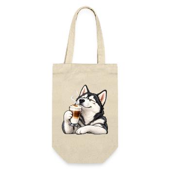 Husky mit Latte Macchiato – Kaffeepause - Geschenkbeutel für Flaschen - Natur - Vorne