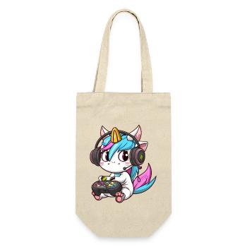 00234 süßes Einhorn mit Headset und Controller - Geschenkbeutel für Flaschen - Natur - Vorne