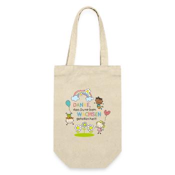 Dankesspruch Kita | Kinder - Regenbogen - Blumen  - Geschenkbeutel für Flaschen - Natur - Vorne