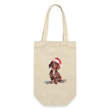 Dackel mit Weihnachtslichtern und Santa-Hut - Geschenkbeutel für Flaschen - Natur - Vorne