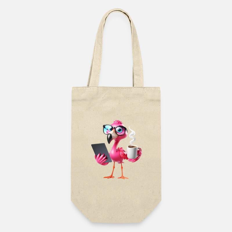 Flamingo im Büro mit Tablet & Kaffee - Geschenkbeutel für Flaschen - Natur