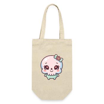 Niedliche Kawaii-Schädelfigur mit Bogen und Blume - Geschenkbeutel für Flaschen - Natur - Vorne