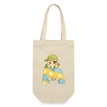 M - Buchstabe: Baby im bunten Patchwork-Schal - Geschenkbeutel für Flaschen - Natur - Vorne