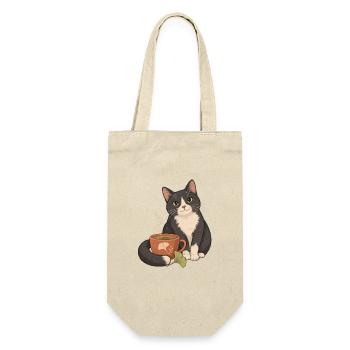Gemütliche Katze mit Teetasse - Geschenkbeutel für Flaschen - Natur - Vorne