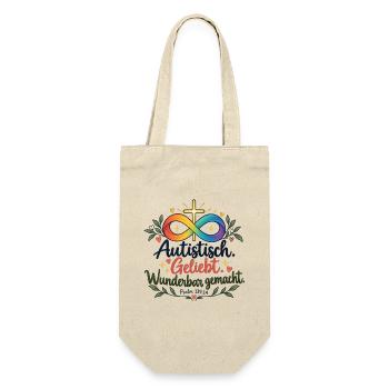 Autistisch Geliebt Infinity Kreuz - Geschenkbeutel für Flaschen - Natur - Vorne