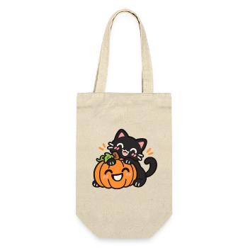 Süße schwarze Katze mit Halloween Kürbis - Geschenkbeutel für Flaschen - Natur - Vorne