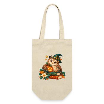 Halloween-Eule zwischen Büchern und Kürbis - Geschenkbeutel für Flaschen - Natur - Vorne