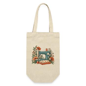 Nähmaschine mit Blumen - Vintage Nähen - Geschenkbeutel für Flaschen - Natur - Vorne