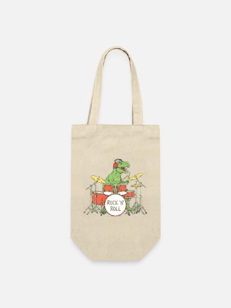 Dino Drummer RocknRoll Illustration - Geschenkbeutel für Flaschen - Natur