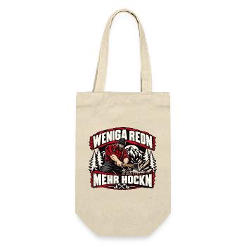 Weniga redn - mehr hockn - cooles Holzfäller Motiv - Geschenkbeutel für Flaschen - Natur - Vorne