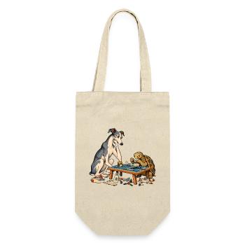 Windhund und Schildkröte beim Modellbau - Geschenkbeutel für Flaschen - Natur - Vorne