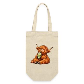 Highland Cattle mit Matcha Latte – Kuhmotiv - Geschenkbeutel für Flaschen - Natur - Vorne
