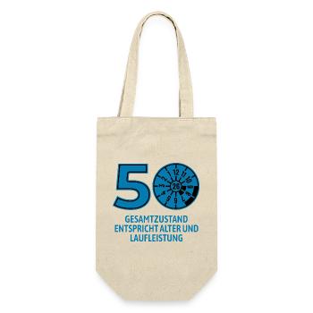 HU April 2026 - 50 Jahre - Geburtstag Geschenk - Geschenkbeutel für Flaschen - Natur - Vorne