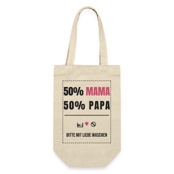 50% Mama 50% Papa Baby Waschetikett Spruch Familie - Geschenkbeutel für Flaschen - Natur - Vorne