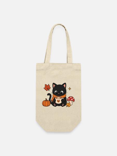 Gemütliche Schwarze Katze Kaffee Herbst Kürbis - Geschenkbeutel für Flaschen - Natur